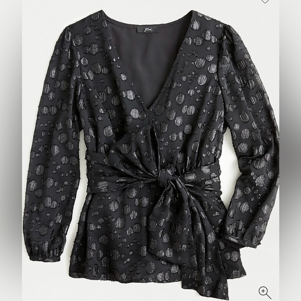 J. Crew Black Tie-waist V-neck Metallic Dot Jacquard Long Sleeve Top in XS